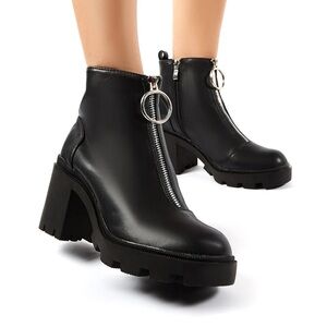 Public Desire Gospel Black PU Zip Up Chunky Heeled Ankle Boots